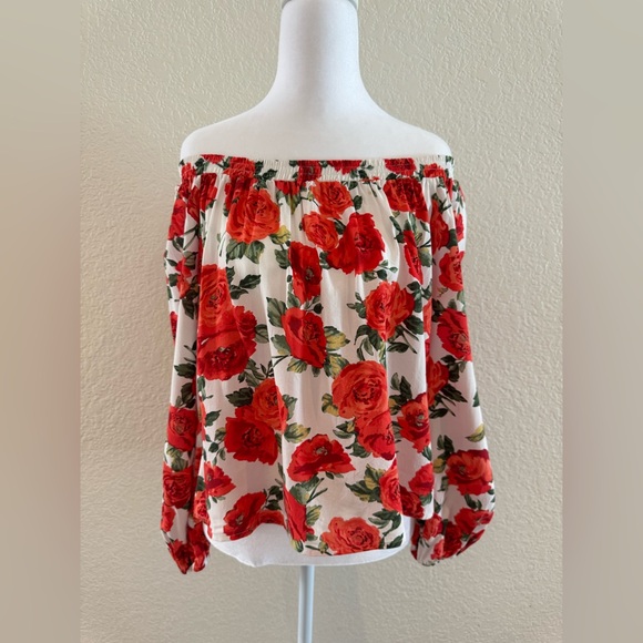 Forever 21 Rose Floral Print Off-the-Shoulder Flowy Top – White/Red – Size S/M - Picture 13 of 16